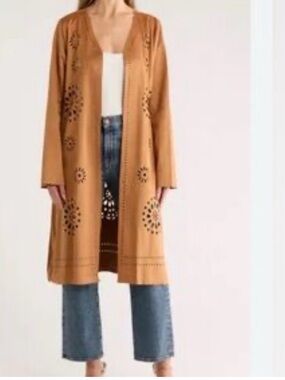 Liv Los Angeles Open Front Long Duster Faux Suede Cardigan - Camel Size:1x NWT